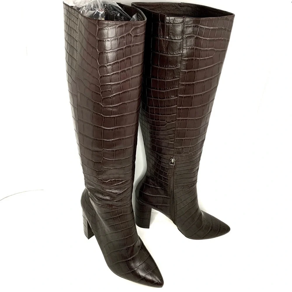 HALOGEN X Atlantic-Pacific Adrina Brown Croc Embossed‎ Tall Boots
